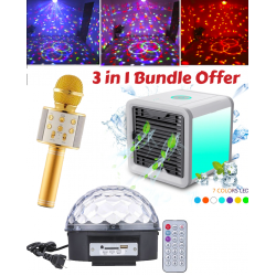 3 In 1 Bundle Offers, Wster Wireless Bluetooth Mini KTV Karaoke Microphone, Magic Led RGB Crystal Ball Dj Disco Light, Personal Space Air Conditioner Fan Air Cooler With 7 Color Led Light Purify & Humidity, Usb Charger, AC999